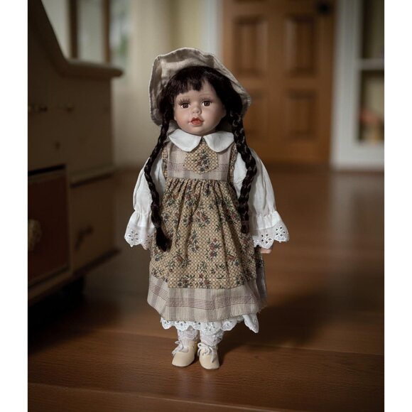 Vintage 15.5” Porcelain Girl Doll – Victorian Country Style, Braided Hair, Check - Picture 2 of 11
